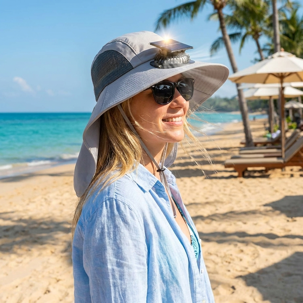 Solar Fan Hat with Wide Brim UV Protection in use, lifestyle